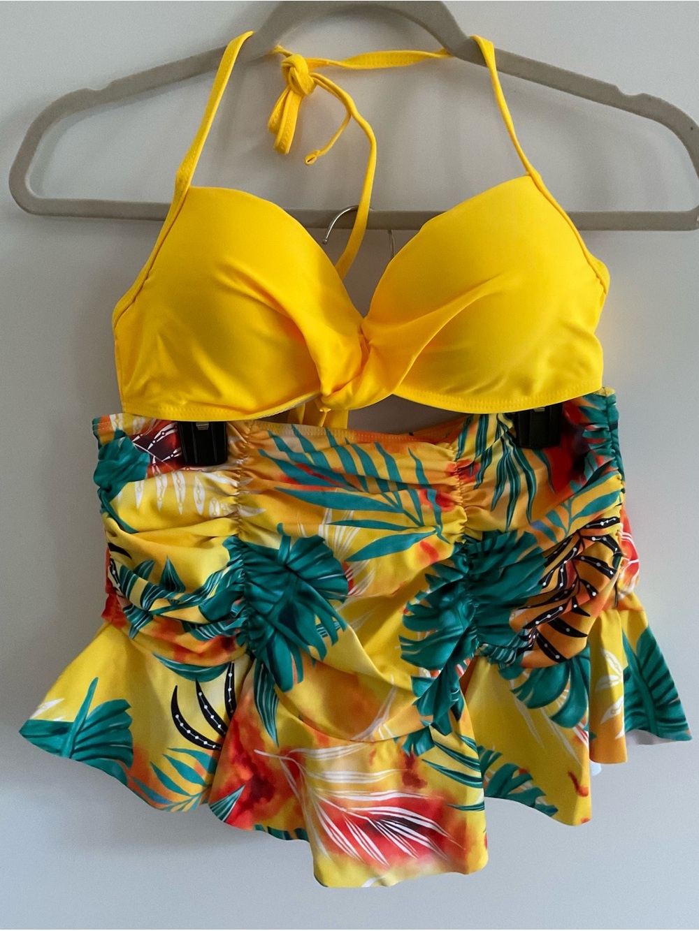 SHEIN Bright Yellow Halter Bikini Top with Tropical Print Skirt